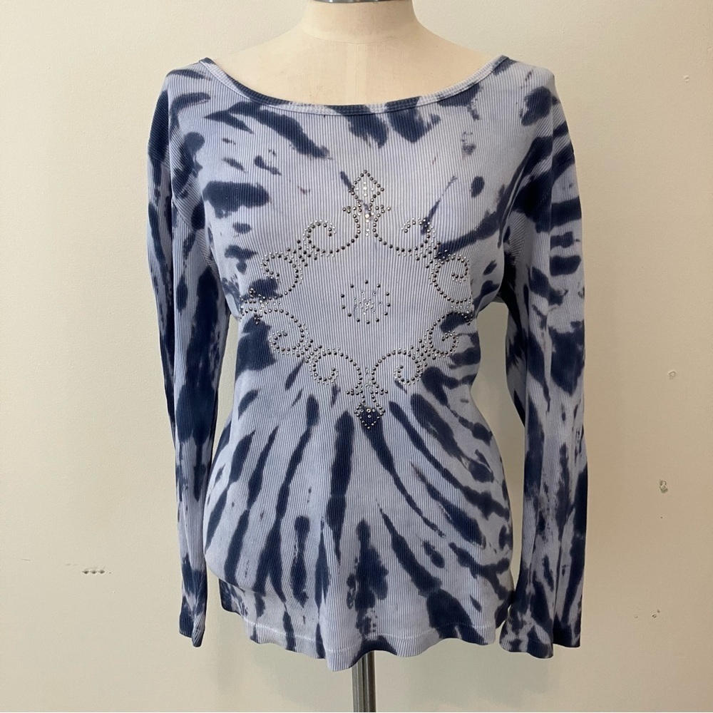 VTG Blue Tie Dye Waffle Knit Tattoo Long sleeve Top Sz. L 90s Y2K Grunge Studs